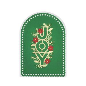 Santa Joy Tri-Fold Christmas Card front view – handcrafted 3D pop-up keepsake with gold “JOY” lettering and festive red flowers.