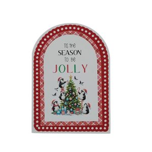 Front view of the Jolly Penguin Tri-Fold Pop-Up Christmas Card with penguins decorating a tree on red plaid border