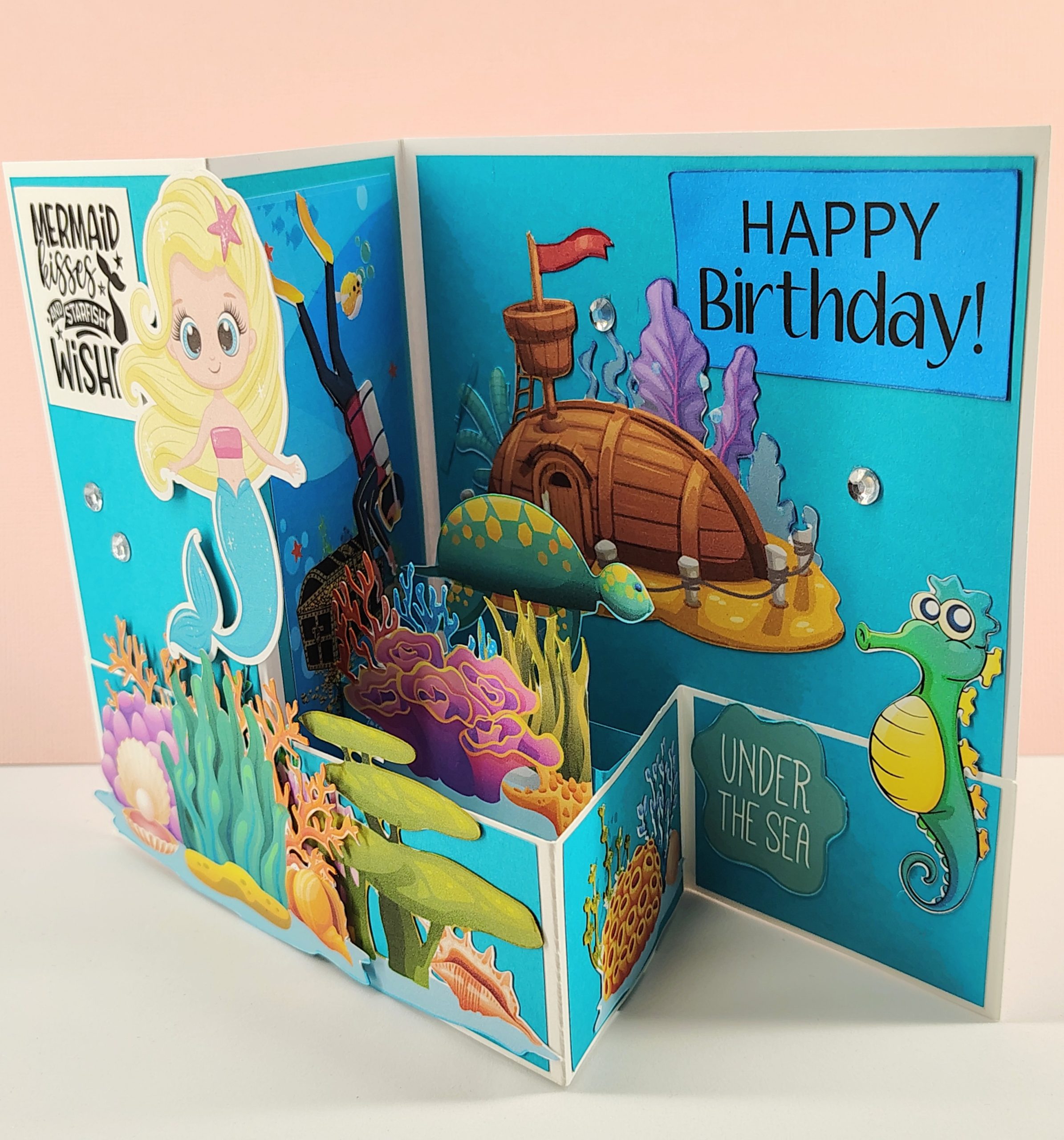 3D Mermaid Birthday Card for Girl, Ocean Themed Mermaid Card, Handmade Birthday Card with Envelope - Image 2