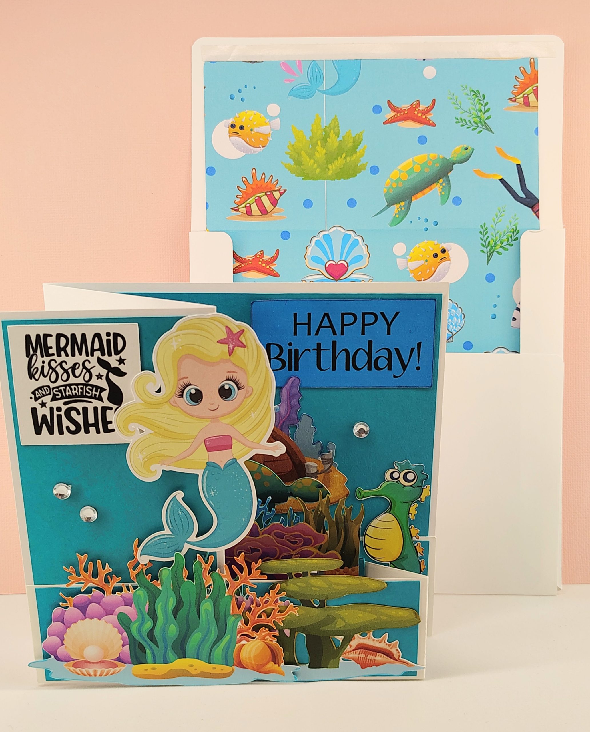 3D Mermaid Birthday Card for Girl, Ocean Themed Mermaid Card, Handmade Birthday Card with Envelope - Image 4