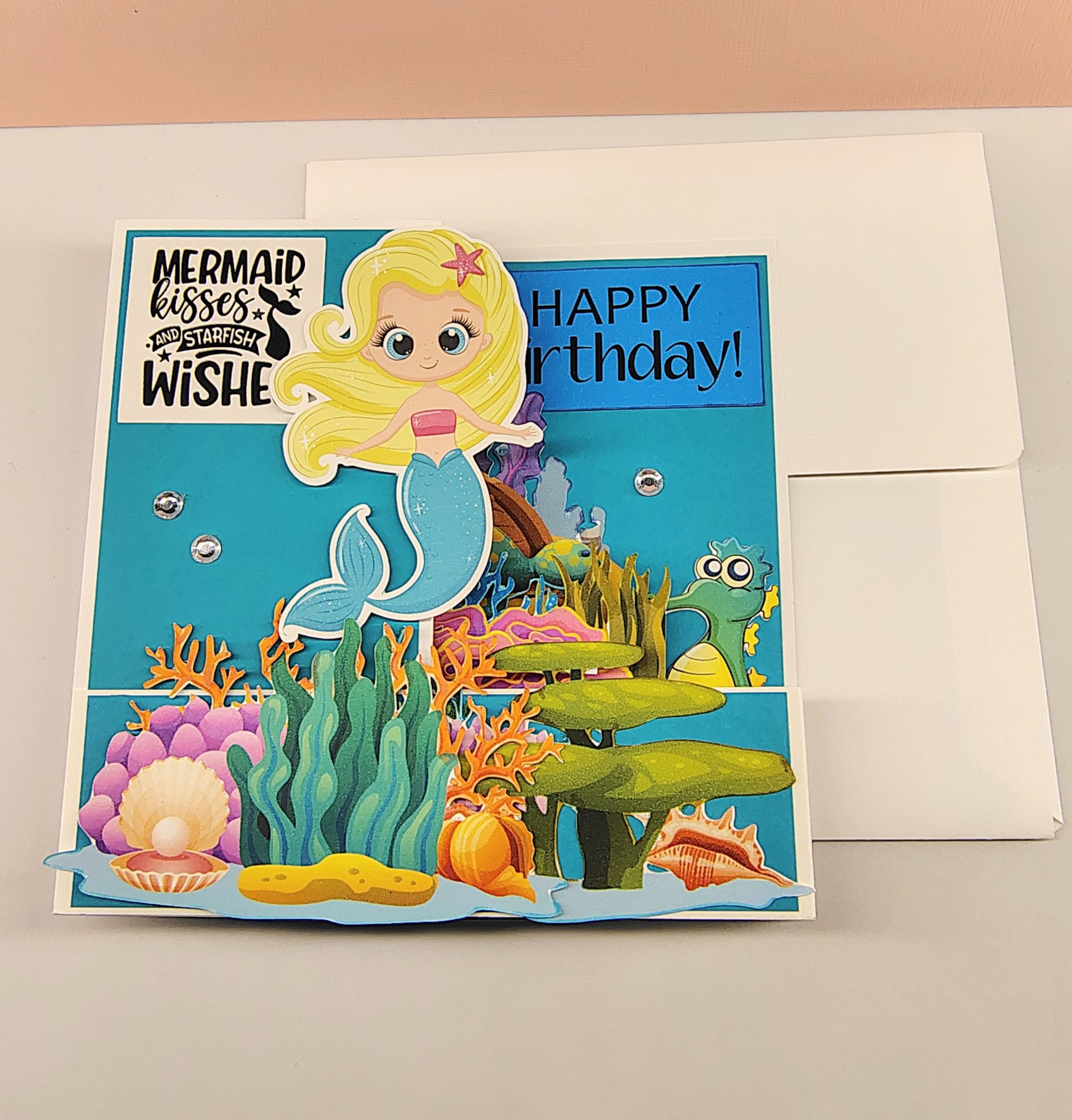 3D Mermaid Birthday Card for Girl, Ocean Themed Mermaid Card, Handmade Birthday Card with Envelope - Image 3